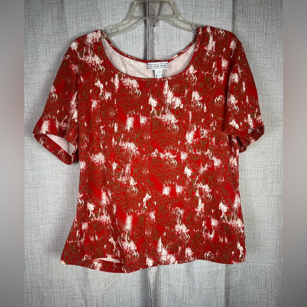 ST. JOHN SPORT Top Blouse Matador Red Multi Sz Large Cotton Blend NWT